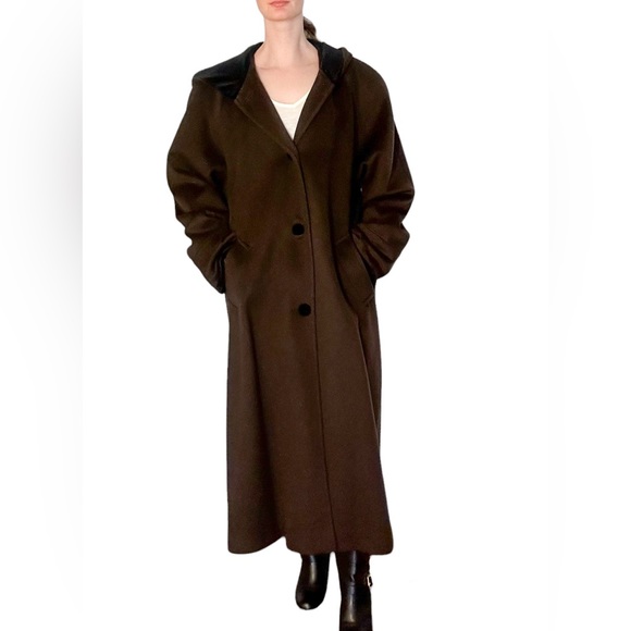 Vintage Jackets & Blazers - Vintage brown wool hooded trench coat button front long sleeve pockets